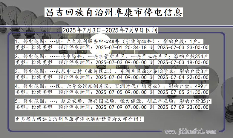 新疆维吾尔自治区昌吉回族自治州阜康停电通知