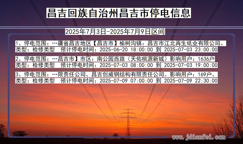 新疆维吾尔自治区昌吉回族自治州昌吉停电通知