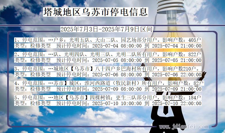 新疆维吾尔自治区塔城地区乌苏停电通知