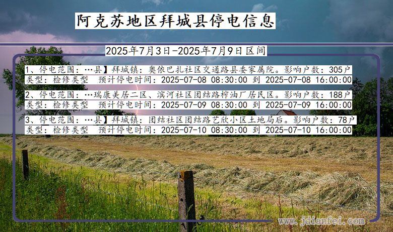 新疆维吾尔自治区阿克苏地区拜城停电通知
