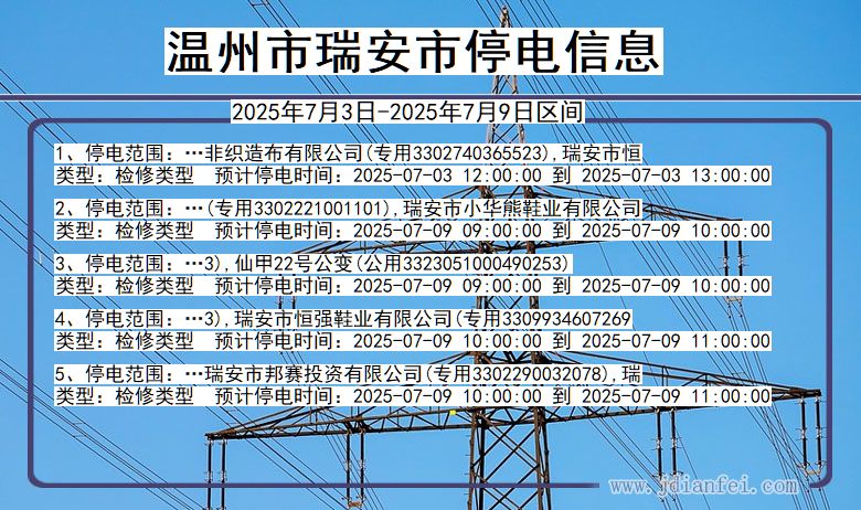 浙江省温州瑞安停电通知