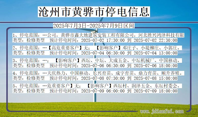河北省沧州黄骅停电通知