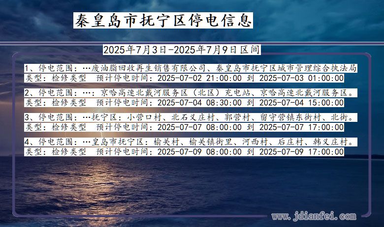 河北省秦皇岛抚宁停电通知