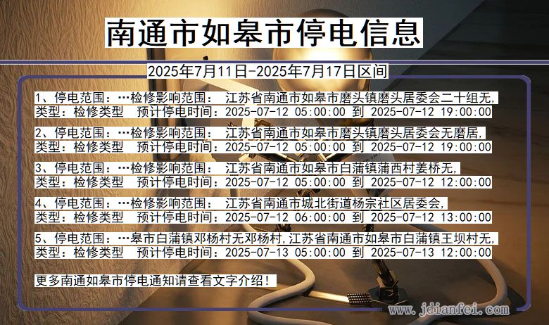 江苏省南通如皋停电通知