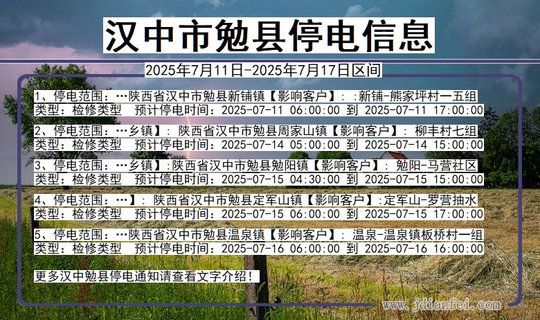 陕西省汉中勉县停电通知