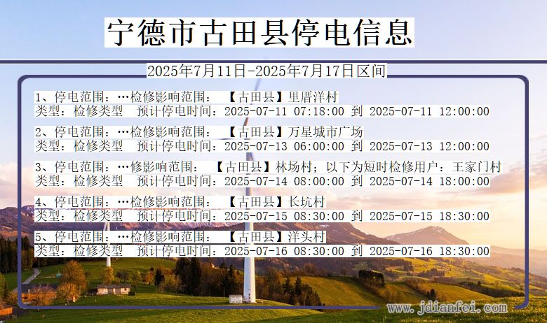 宁德古田停电通知 福建省宁德古田停电通知