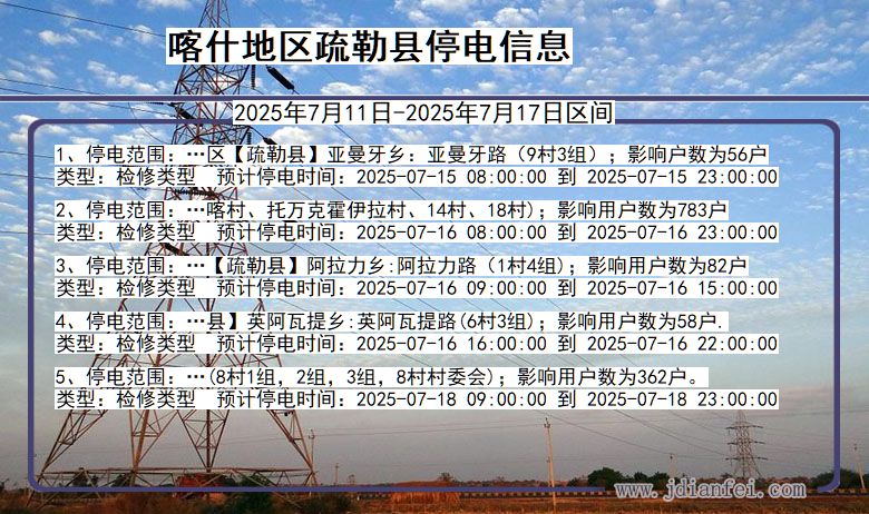 喀什地区疏勒停电通知 新疆维吾尔自治区喀什地区疏勒停电通知