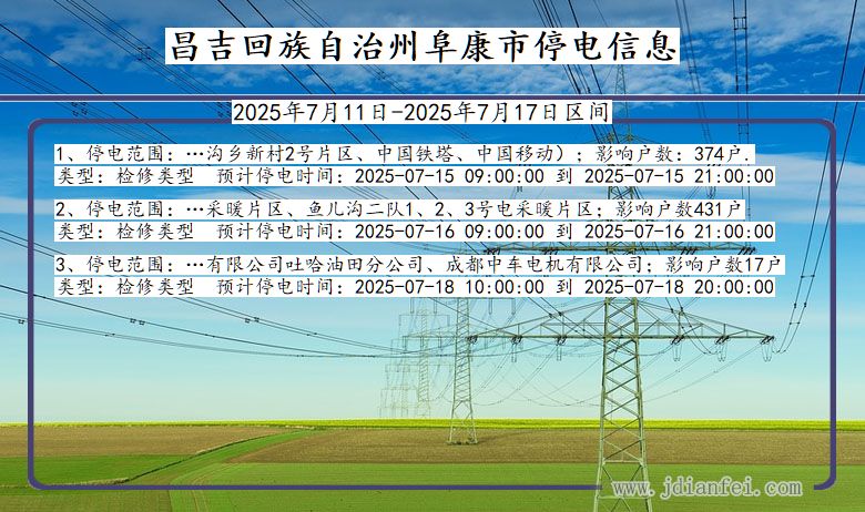 新疆维吾尔自治区昌吉回族自治州阜康停电通知