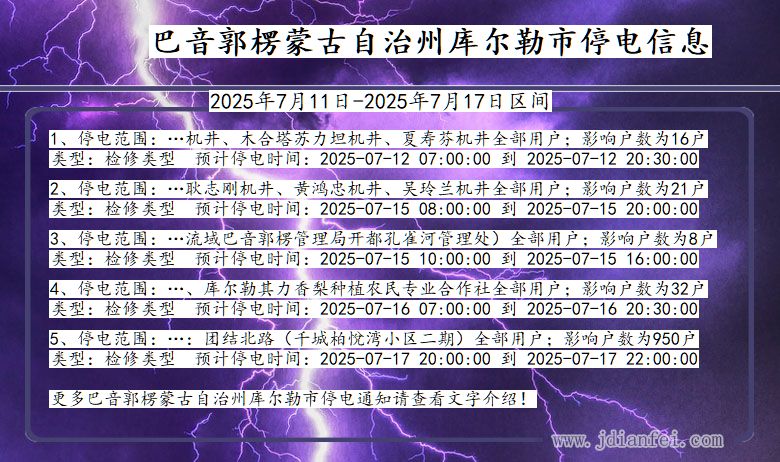 新疆维吾尔自治区巴音郭楞蒙古自治州库尔勒停电通知
