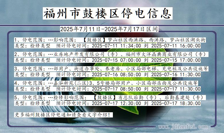 福建省福州鼓楼停电通知
