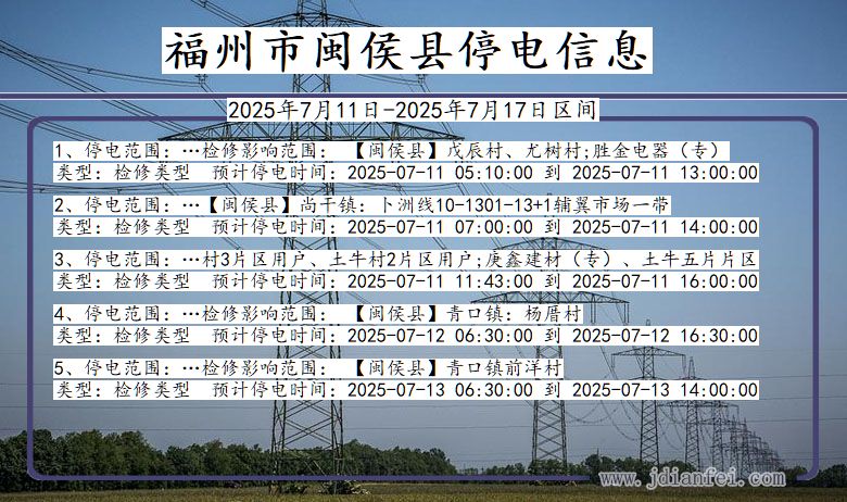福建省福州闽侯停电通知