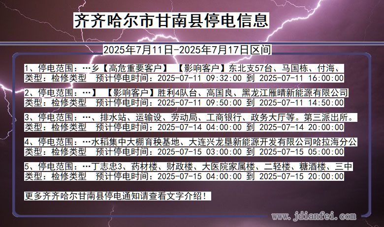黑龙江省齐齐哈尔甘南停电通知
