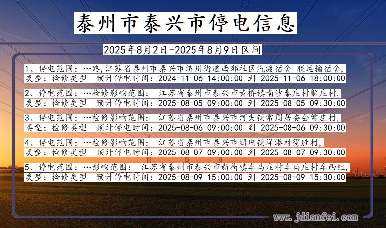 泰州泰兴停电通知 江苏省泰州泰兴停电通知