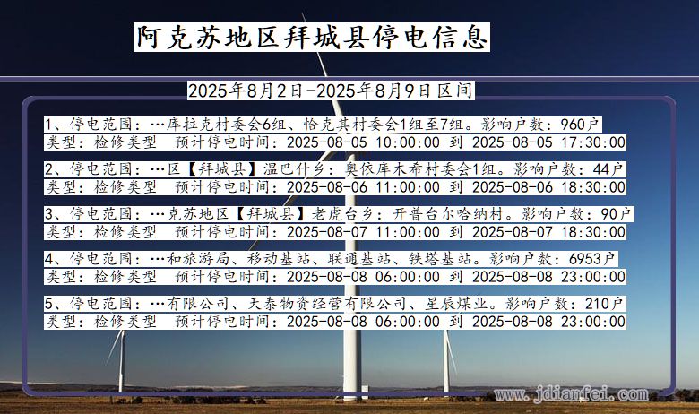 阿克苏地区拜城停电通知 新疆维吾尔自治区阿克苏地区拜城停电通知