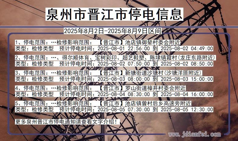 福建省泉州晋江停电通知