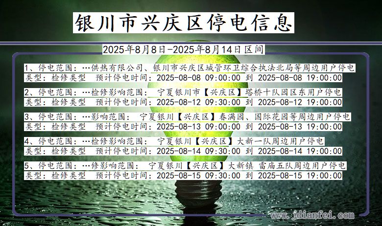 宁夏回族自治区银川兴庆停电通知