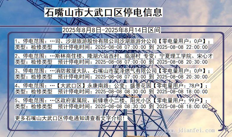 宁夏回族自治区石嘴山大武口停电通知