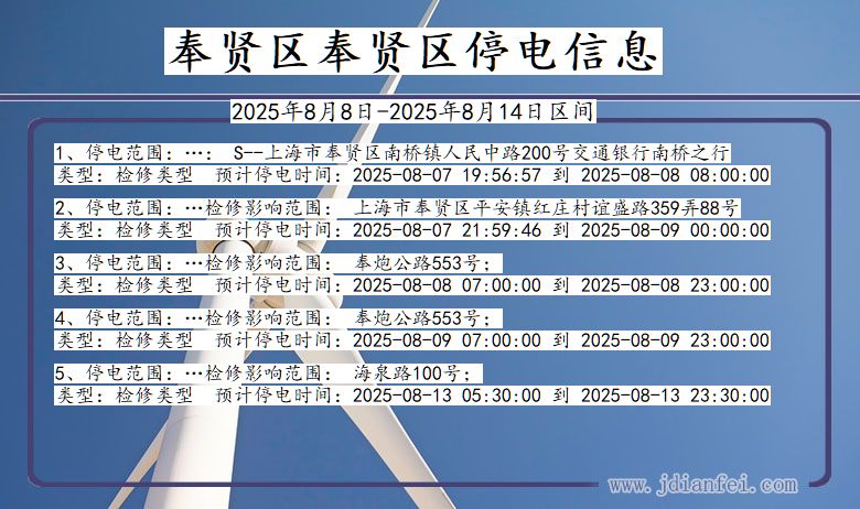 上海市奉贤区奉贤停电通知