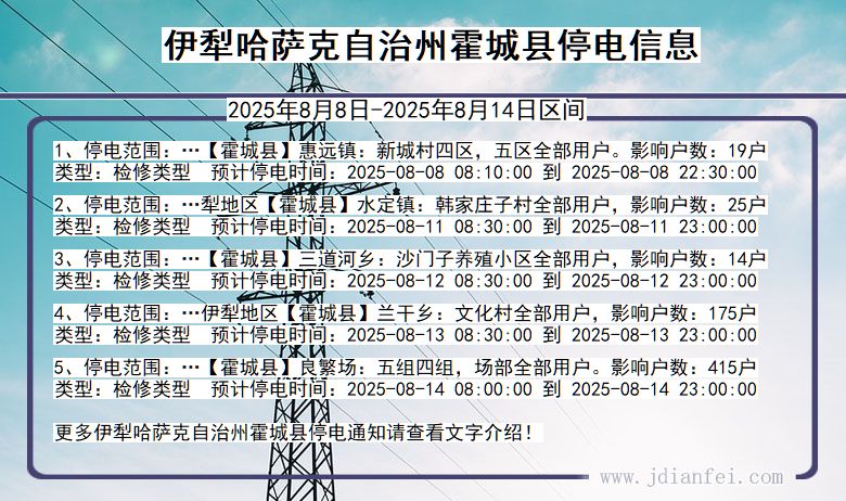 新疆维吾尔自治区伊犁哈萨克自治州霍城停电通知