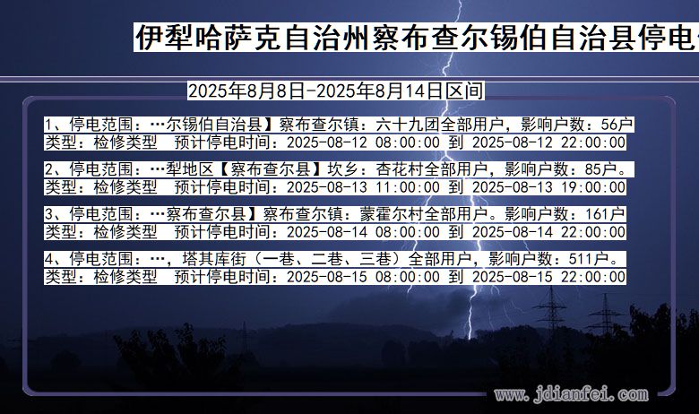 新疆维吾尔自治区伊犁哈萨克自治州察布查尔锡伯自治停电通知
