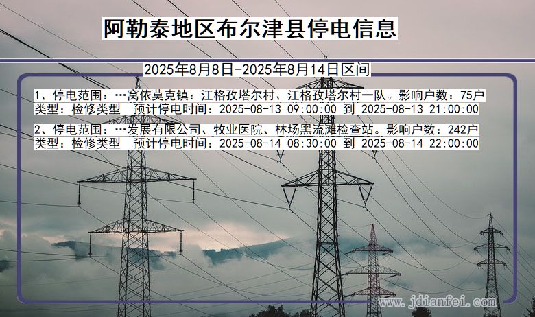 新疆维吾尔自治区阿勒泰地区布尔津停电通知