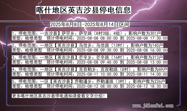 新疆维吾尔自治区喀什地区英吉沙停电通知