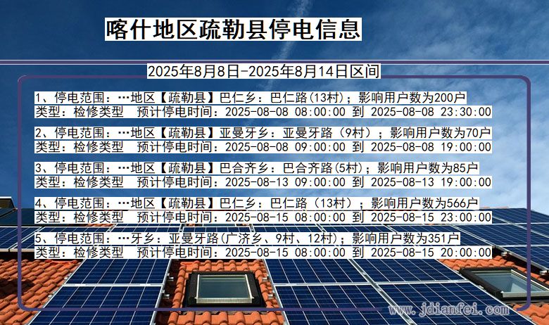新疆维吾尔自治区喀什地区疏勒停电通知