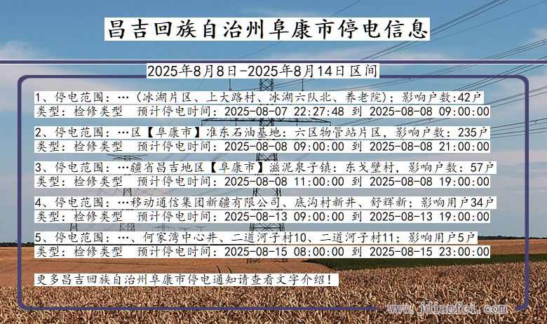 新疆维吾尔自治区昌吉回族自治州阜康停电通知