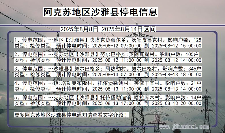 新疆维吾尔自治区阿克苏地区沙雅停电通知