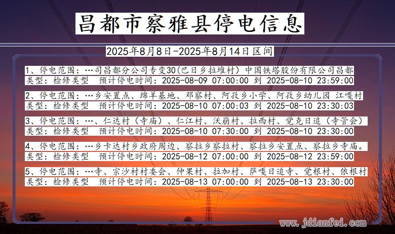 西藏自治区昌都察雅停电通知