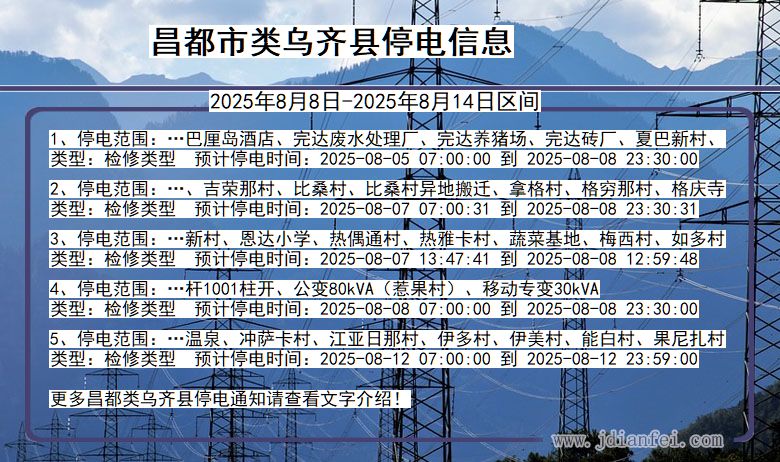 西藏自治区昌都类乌齐停电通知