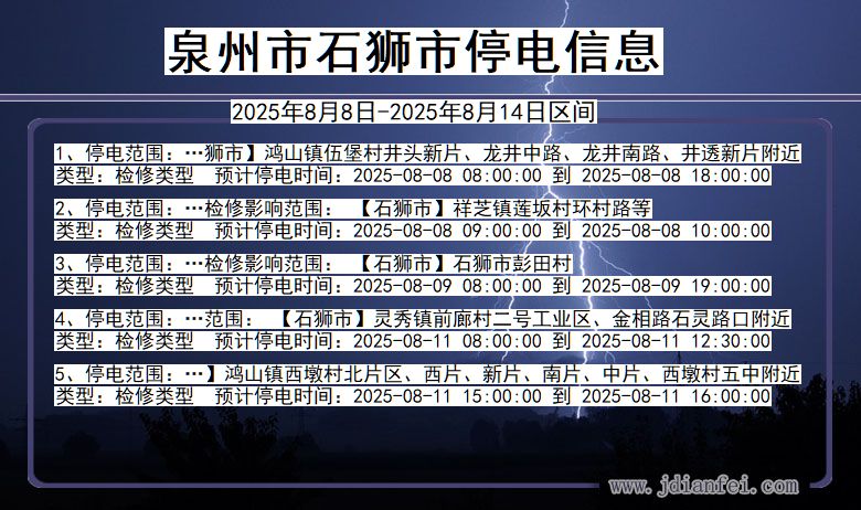泉州石狮停电通知 福建省泉州石狮停电通知