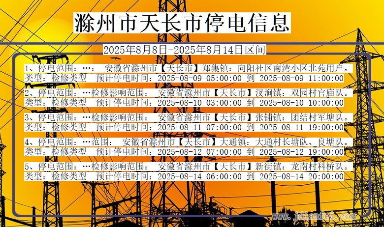 安徽省滁州天长停电通知