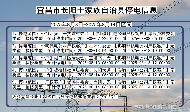 湖北省宜昌长阳土家族自治停电通知