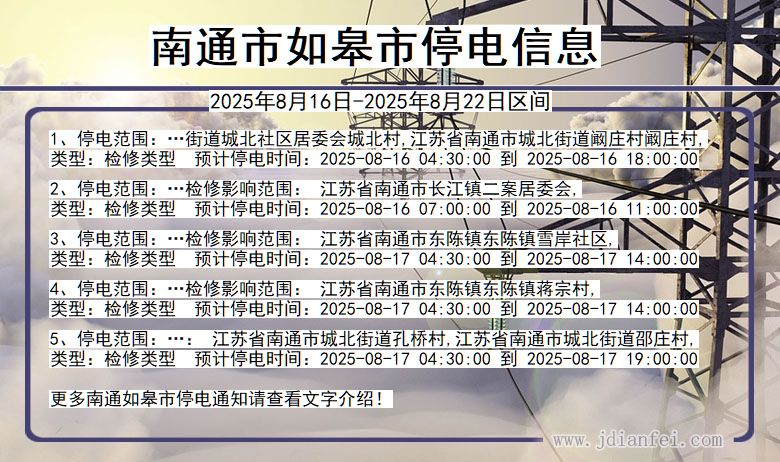 江苏省南通如皋停电通知
