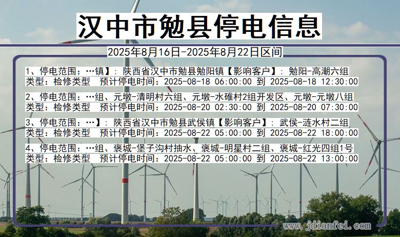 陕西省汉中勉县停电通知