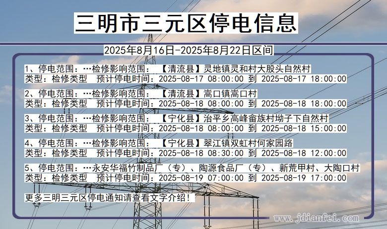 福建省三明三元停电通知