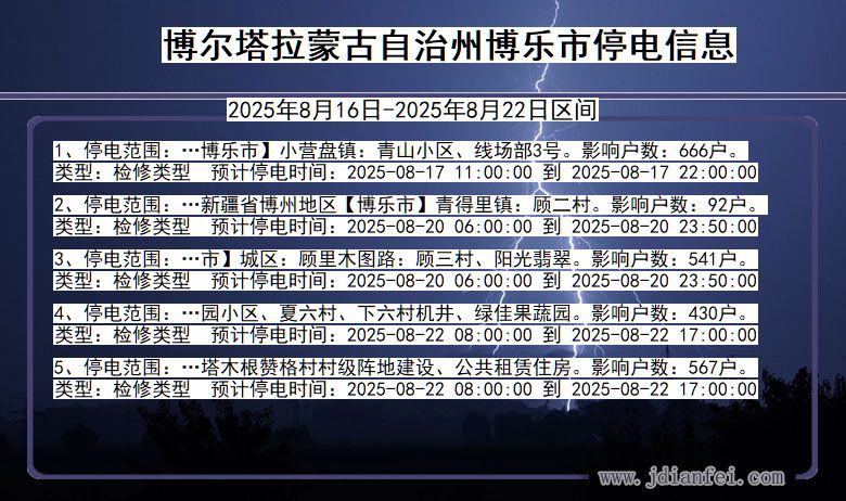 新疆维吾尔自治区博尔塔拉蒙古自治州博乐停电通知