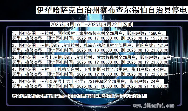 新疆维吾尔自治区伊犁哈萨克自治州察布查尔锡伯自治停电通知