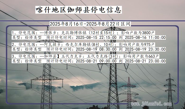 新疆维吾尔自治区喀什地区伽师停电通知