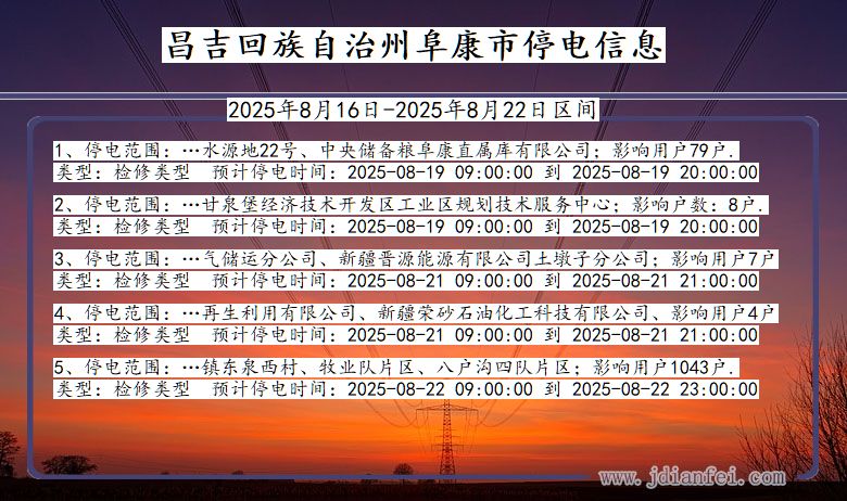 新疆维吾尔自治区昌吉回族自治州阜康停电通知