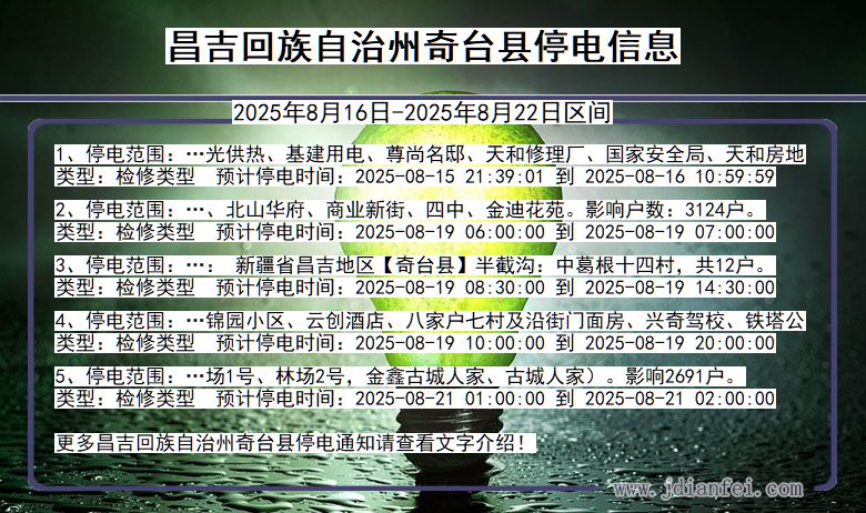新疆维吾尔自治区昌吉回族自治州奇台停电通知