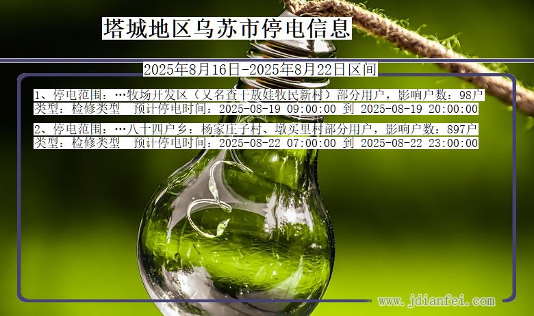 新疆维吾尔自治区塔城地区乌苏停电通知