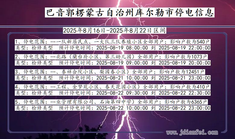 新疆维吾尔自治区巴音郭楞蒙古自治州库尔勒停电通知