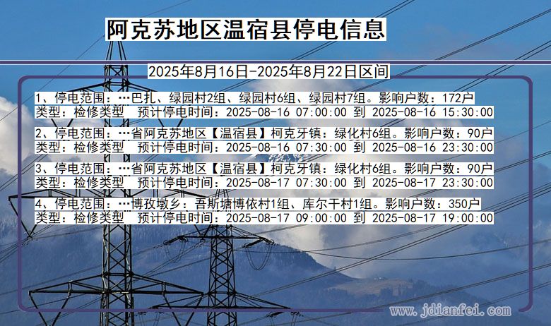 新疆维吾尔自治区阿克苏地区温宿停电通知