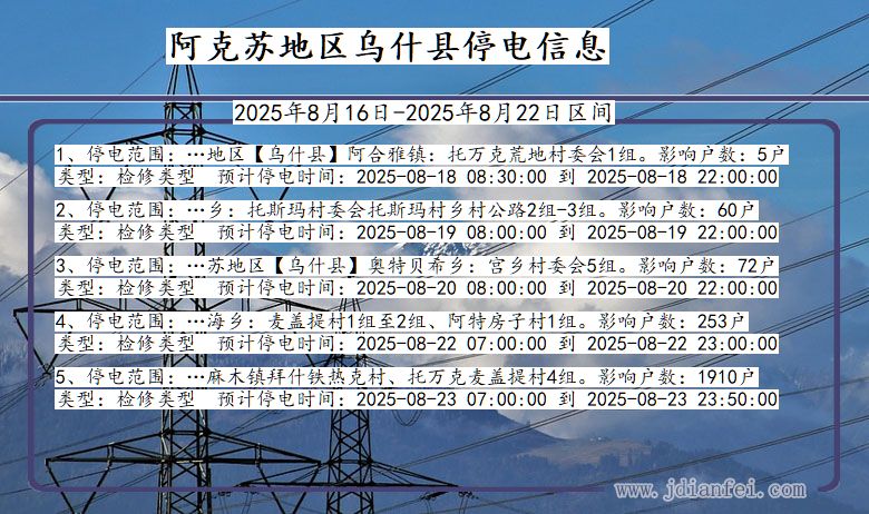 新疆维吾尔自治区阿克苏地区乌什停电通知