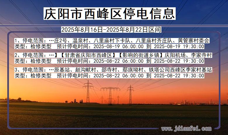 甘肃省庆阳西峰停电通知