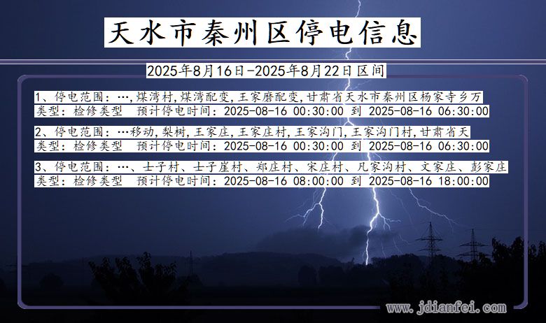 甘肃省天水秦州停电通知