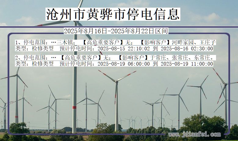 河北省沧州黄骅停电通知