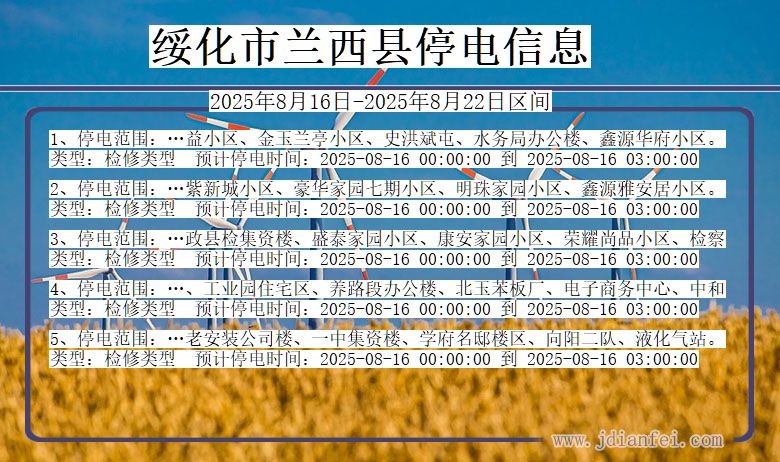 黑龙江省绥化兰西停电通知